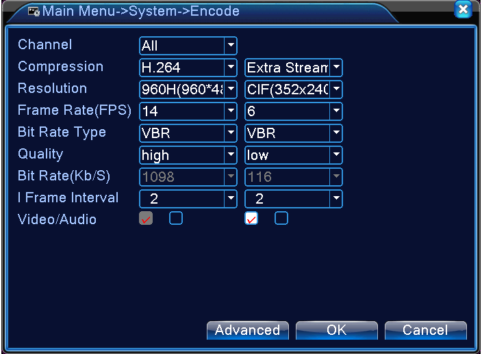 Picture 4.20 Encode setup Codifica canali indipendentemente Channel Scegliere il canale che si vuole parametrizzare Compression Standard H.264 Resolution Tipo di risoluzione:: 960H/D1/ HD1/CIF / QCIF.