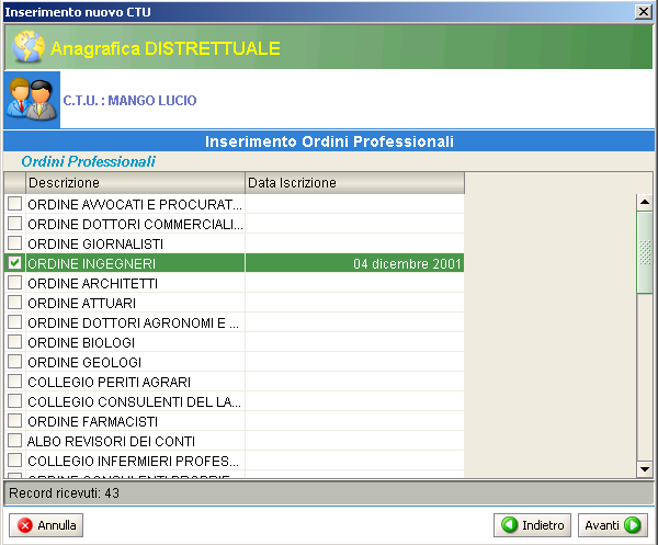 Pag. 183 Figura 160 Menù C.T.U. Maschera per inserimento nuovo Dati generali Le successive pagine sono preposte all inserimento di: 1) Ordine professionale; 2) titolo conseguito dal C.T.U.; 3) Materie di competenza.