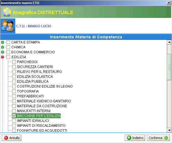 Pag. 185 Figura 163 Menù C.T.U. - Maschera per inserimento nuovo Selezione Materia di competenza L iter per l inserimento (o modifica del C.T.U.) è, con quest ultima pagina, portato a compimento.