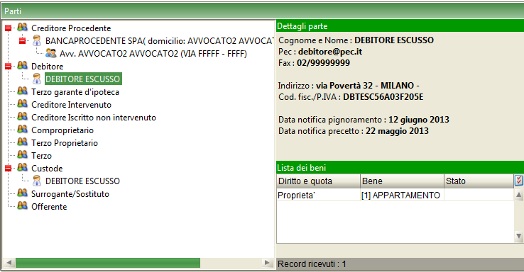 Pag. 46 Figura 25 Dettagli Fascicolo (parti - creditore procedente) Se si tratta, ad esempio, di debitore (Figura 26) viene visualizzata una griglia che riporta i