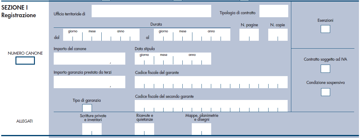 Sezione I: registrazione CAMPO Numero Canone Ufficio Territoriale DESCRIZIONE Va indicato un numero d ordine progressivo per ogni canone.