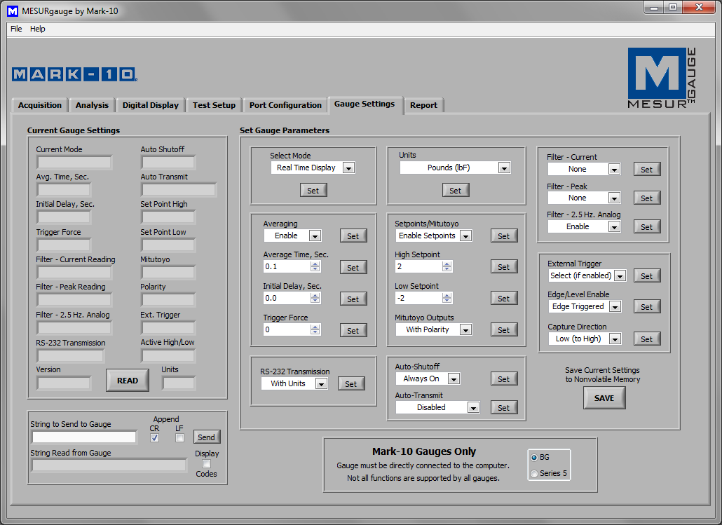 7 SCHEDA GAUGE SETTINGS (IMPOSTAZIONI MISURATORE) Questa scheda fornisce una comoda utility con cui leggere e impostare i parametri di configurazione di un misuratore da un PC.