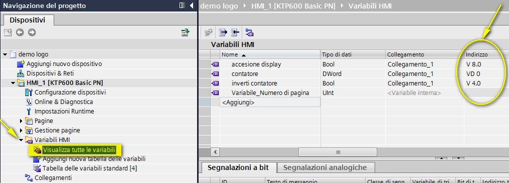 Parte grafica del progetto Facendo ora riferimento ad un progetto Demo realizzato per il LOGO 0BA7 (visibile in figura), si illustra come realizzare una semplice visualizzazione di 3 variabili su