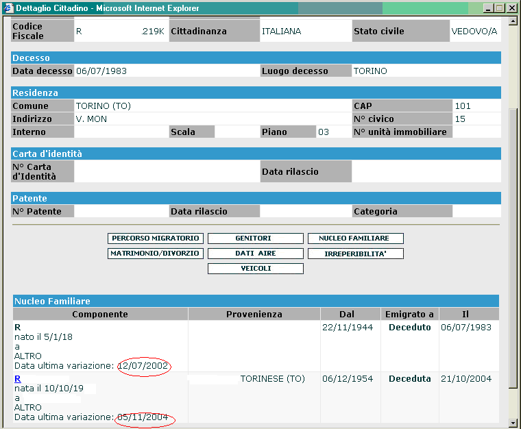 Il servizio fornisce un percorso di navigazione diretto tra i cittadini legati da vincoli matrimoniali, ovvero attraverso un link sul cognome/nome del coniuge il sistema presenta la pagina dettaglio