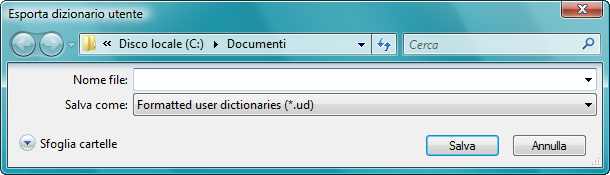 6. Per esportare un dizionario utente in modo da utilizzarlo in un altro programma, selezionarlo nell'elenco File di dizionario utente e fare clic su Esporta.