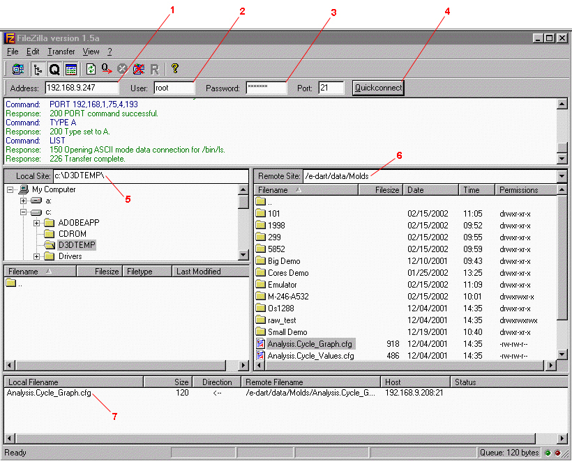 Trasferimento File FTP Per trasferire i dati da un edrt a un P, laptop, o a un server, accedere al programma Filezilla dalla cartella RJG Insight System. Si deve vedere lo schermo indicato di seguito.