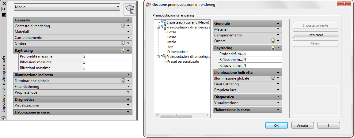 c a p i t o l o w e b o6 stra di dialogo Gestione preimpostazioni di rendering è possibile scegliere un modello di reimpostazione esistente e crearne una copia da modificare e salvare con nome.