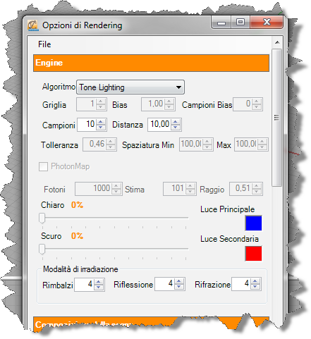 dell illuminazione ambientale Distanza: p il raggio di propagazione dell occlusione ambientale Luce Principale: consente di definire un colore per l illuminazione primaria relativa alle aree chiare