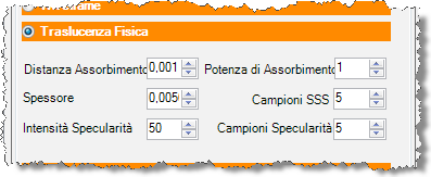 11.14 Traslucenza Fisica Attribuisce traslucenza al materiale rispettandone il comportamento fisico Parametri: (non documentato) Distanza Assorbimento Potenza di Assorbimento Spessore Campioni SSS