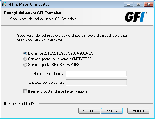 Schermata 4: Specifica del server di posta 6. Se si esegue la connessione a GFI FaxMaker tramite e-mail, configurare i dettagli del server di posta.