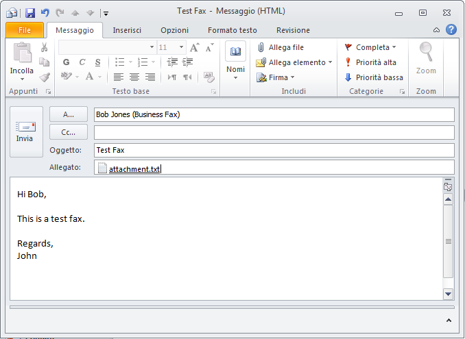 Schermata 3: Invio di un fax da Microsoft Outlook Note importanti: 1. Questo metodo di trasmissione converte i fax nel formato fax (*.fax) sul server GFI FaxMaker.