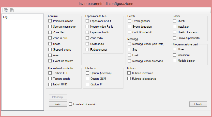 Manuale di programmazione Inviare / Ricevere parametri centrale Una volta effettuata la configurazione della centrale è necessario procedere al trasferimento delle impostazioni per renderle effettive.