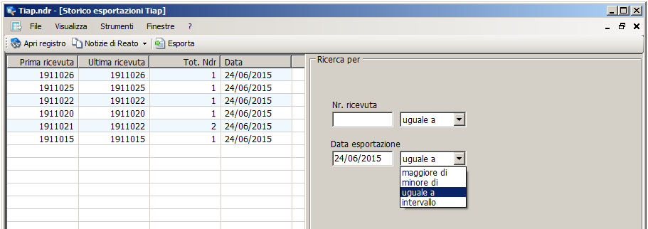 Pag. 42/46 Figura 56 Funzione Ricerca per per intervallo di ricevute Completata la fase di impostazione utilizzare il pulsante Cerca, presente in basso a destra, per attivare la ricerca.