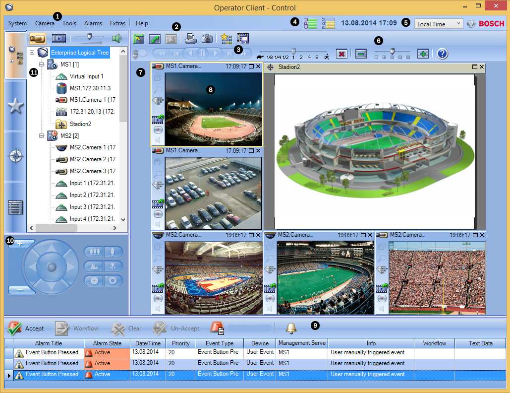 100 it Interfaccia utente Bosch Video Management System 1 Barra dei menu Consente di selezionare un comando di menu. 2 Barra degli strumenti Visualizza i pulsanti disponibili.