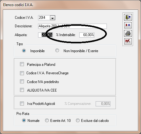 in fase di registrazione la % di imponibile indetraibile.