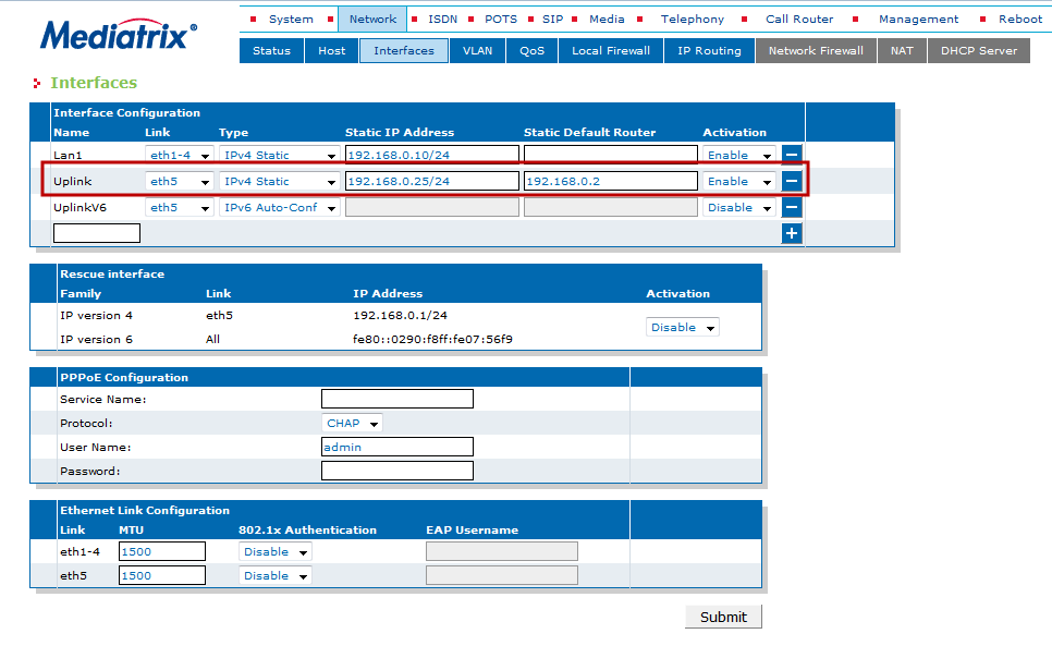 Configurazione delle interfacce di rete 1. Accedere a 'Network' > 'Interfaces'. 2.