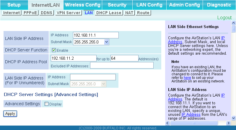 LAN Schermata di configurazione di una porta lato LAN.
