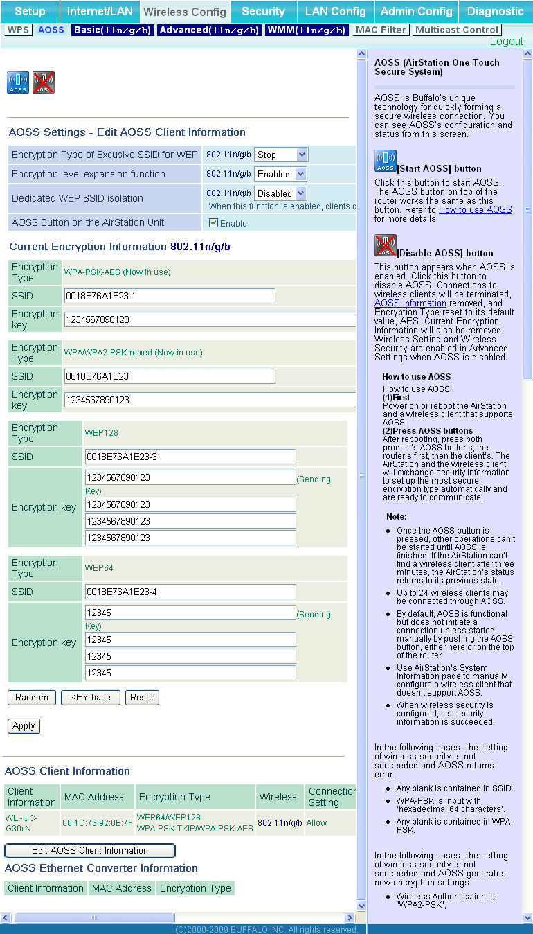 AOSS Schermata per la visualizzazione delle impostazioni dettagliate e