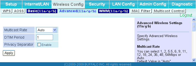 Advanced (Impostazioni avanzate) Schermata di configurazione delle impostazioni wireless avanzate.