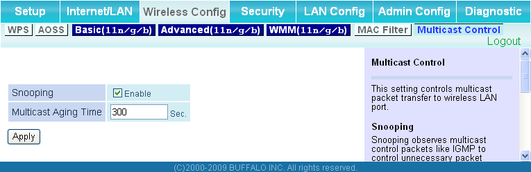 Multicast Control (Controllo multicast) Schermata di configurazione delle limitazioni su pacchetti multicast non necessari inviati alla porta LAN wireless.