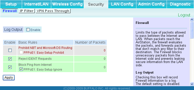 Security (Protezione) (solo modalità router) Firewall (solo modalità router) Schermata di configurazione delle funzioni firewall dell AirStation.