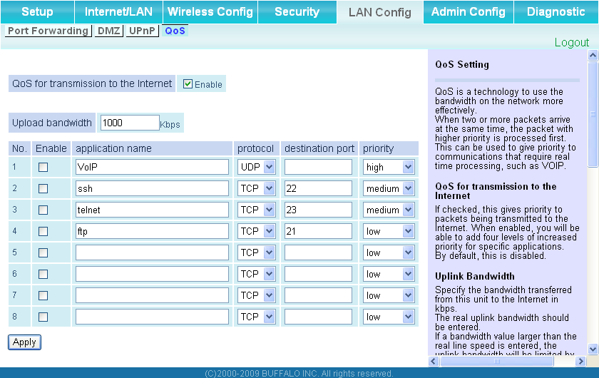 QoS (solo modalità router) Schermata di configurazione del controllo delle priorità dei pacchetti inviati a Internet.