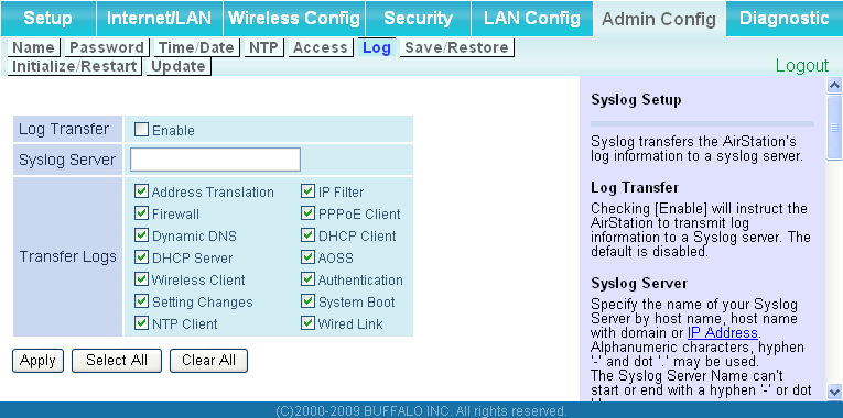 Log (Registro) Schermata per il trasferimento delle informazioni di registro dell AirStation dal server syslog.