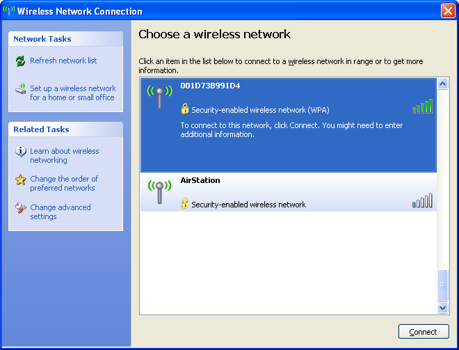 Capitolo 5 Connessione a una rete wireless Windows XP (Wireless Zero Configuration) (Configurazione automatica reti senza fili) Windows XP contiene un utility per la connessione all AirStation.