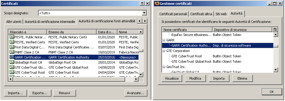 Root Certificates Alcuni root certificates sono preinstallati nei browser Da