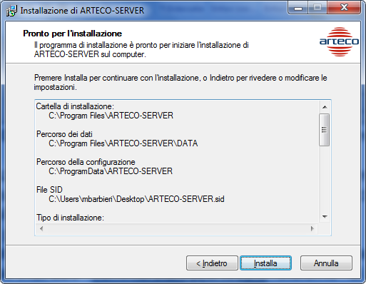 Figura 7 - Processi addizionali per l installazione di Arteco Server La schermata successiva, mostrata in Figura 8, riassume tutte le scelte effettuati nelle precedenti schermate di installazione.