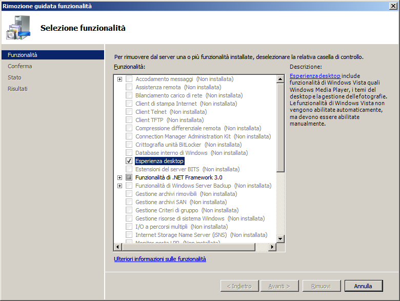 Una volta entrati nel menu (vedi Figura 17 - Funzionalità del Server Manager) è necessario Cliccare sul collegamento Aggiungi funzionalità.