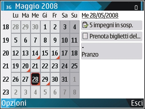 Nella vista giorno sono visualizzati gli eventi relativi al giorno selezionato, raggruppati in finestre orarie in base all'ora di inizio. La vista degli impegni mostra tutti gli impegni.