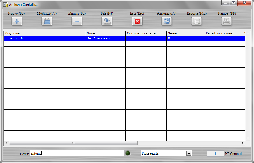 Nella scheda è possibile ricercare rapidamente un contatto ed eventualmente modificarlo o eliminarlo.