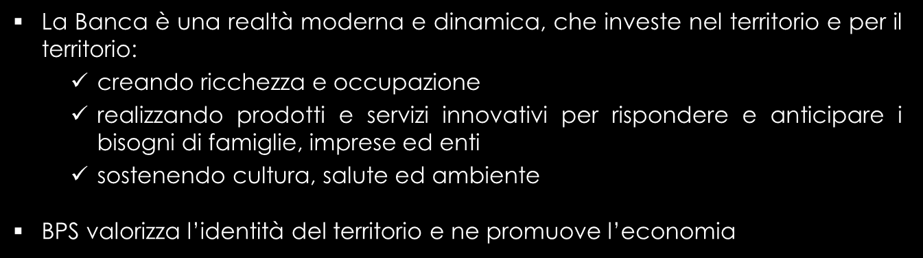 Per il Territorio Oltre 100 Punti Operativi Banca locale Il modello distintivo BPS La Banca Popolare di Spoleto (BPS) è una banca autonoma locale, protagonista nello sviluppo economico e sociale del