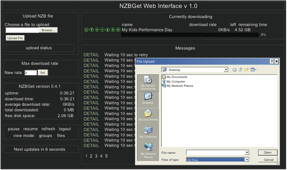 Popcorn Hour A-410 - Manuale Utente Interfaccia WEB NZBGET Per eseguire un download, upload di file NZB clickando sul tasto Browse... e selezionando il file NZB.