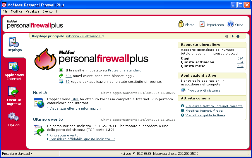 Utilizzo di McAfee Personal Firewall Plus Per aprire la pagina Riepilogo principale in Personal Firewall: Fare clic con il pulsante destro del mouse sull'icona McAfee nella barra
