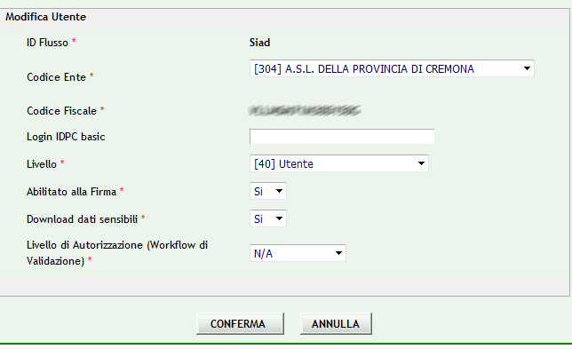 Il campo Download Dati Sensibili indica la possibilità all operatore di poter prelevare i dati già inviati dal suo ente (da lui o da altre persone abilitate dell ente.