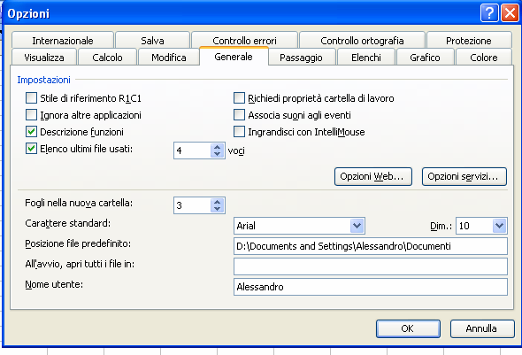 Modificare le opzioni di base/preferenze del programma: nome dell utente, directory/cartella predefinita per aprire o salvare documenti In Excel è possibile modificare centinaia di opzioni tutte nel