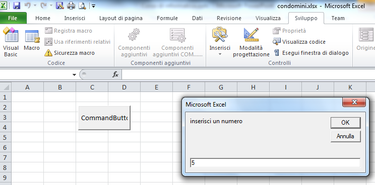 Esempio di input e output Creare una pulsante di comando che tramite una box di input permetta di leggere un numero, calcolarne il quadrato e infine stampare il risultato.