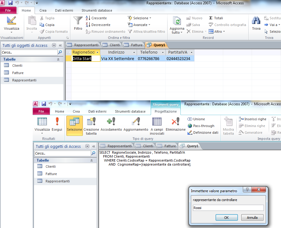 MICROSOFT ACCESS Creazione query Per visualizzare il risultato di una query, cliccare sull icona Esegui ed inserire il cognome del rappresentante da controllare, successivamente verranno visualizzati