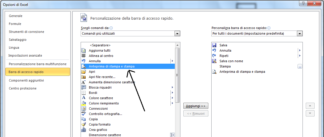 È possibile aggiungere un comando alla barra di accesso rapido da un elenco di comandi visualizzato nella finestra di dialogo Opzioni di Excel.