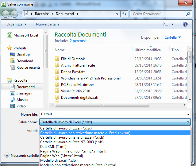 Programmare gli oggetti di Excel con il VBA Excel Salvare un file contenenti macro, oggetti e codice VBA Un documento di Excel 2010 con macro deve essere salvato con il formato appropriato previsto