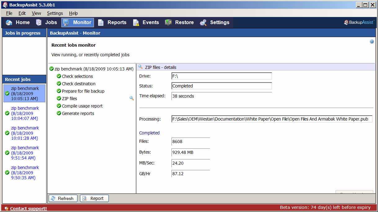 Il job di backup viene avviato manualmente. La misurazione del tempo trascorso è stata eseguita da BackupAssist e confermata con il confronto con un cronometro.