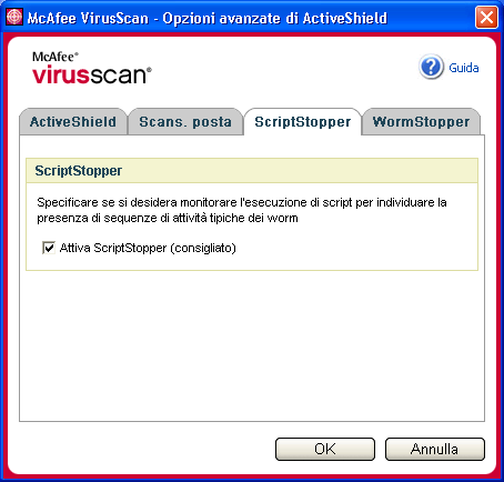 Utilizzo di ActiveShield Se si imposta ActiveShield in modo da utilizzare le opzioni Attiva ScriptStopper (consigliato) e Attiva WormStopper (consigliato) nella finestra di dialogo Opzioni avanzate,