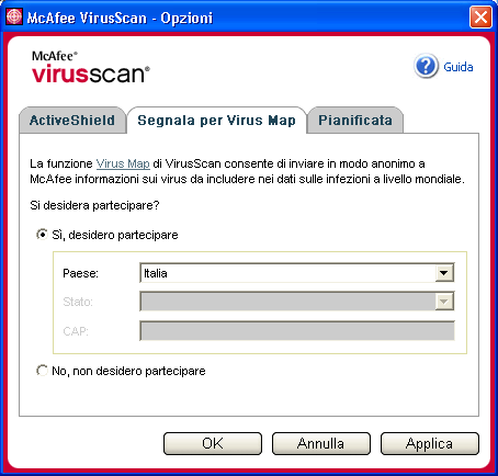 Utilizzo di McAfee VirusScan Segnalazione automatica dei virus È possibile inviare in modo anonimo informazioni sui virus da includere nella World Virus Map.