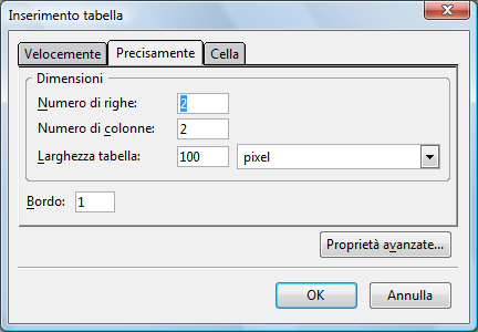 Precisamente per impostare: - il numero di righe e di colonne, - la larghezza della tabella in pixel o percentuale - lo spessore del bordo.