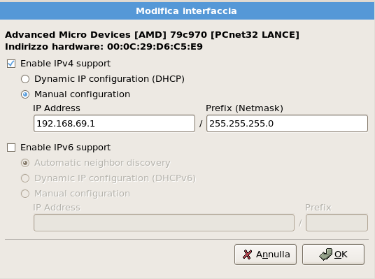 Capitolo 2 Realizzazione della rete Fatto questo è possibile impostare Gateway, DNS primario e secondario. Come è possibile notare è stato disabilitato il supporto all ipv6, in questo caso inutile.