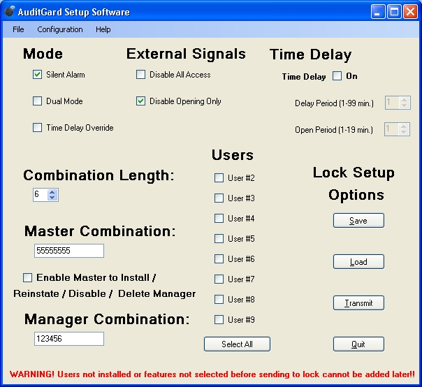 PROGRAMMARE LA SERRATURA CON IL SOFTWARE DI INSTALLAZIONE Il software di installazione AuditGard consente al Manager di installare utenti, selezionare le modalità di funzionamento, e configurare