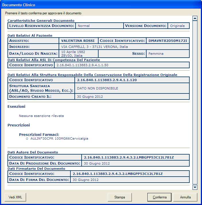 Se l opzione Non mostrare anteprima CDA non è selezionata viene mostrato il documento per la conferma: Premere Conferma per completare la procedura di invio telematico, e attendere il messaggio di