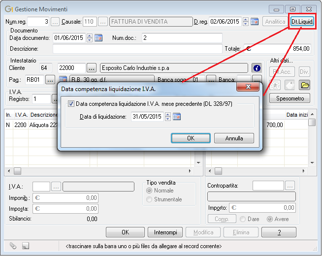 Per adempiere alle disposizioni normative, la data competenza liquidazione I.V.A. da indicare dovrà appartenere al mese precedente la data di registrazione della fattura (mese di emissione dei D.D.T.